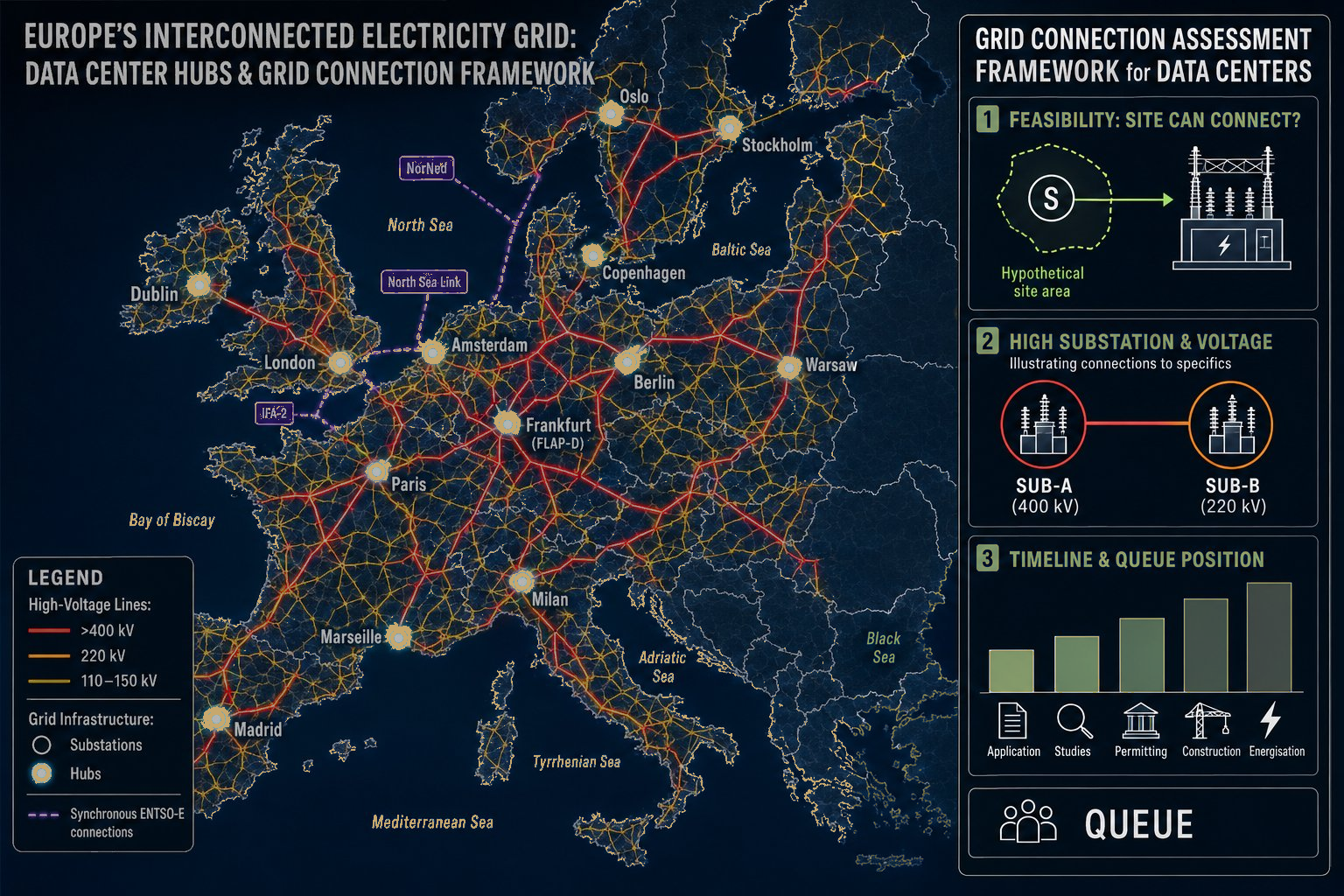 Europäisches Verbundnetz: Rechenzentrums-Hubs, HV-Verbindungen nach Spannungsebene und Rahmen für die Bewertung des Netzanschlusses